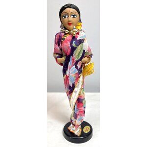 Handcrafted Indian Doll In Floral Saree With Beaded Jewelry & Yellow Purse On St